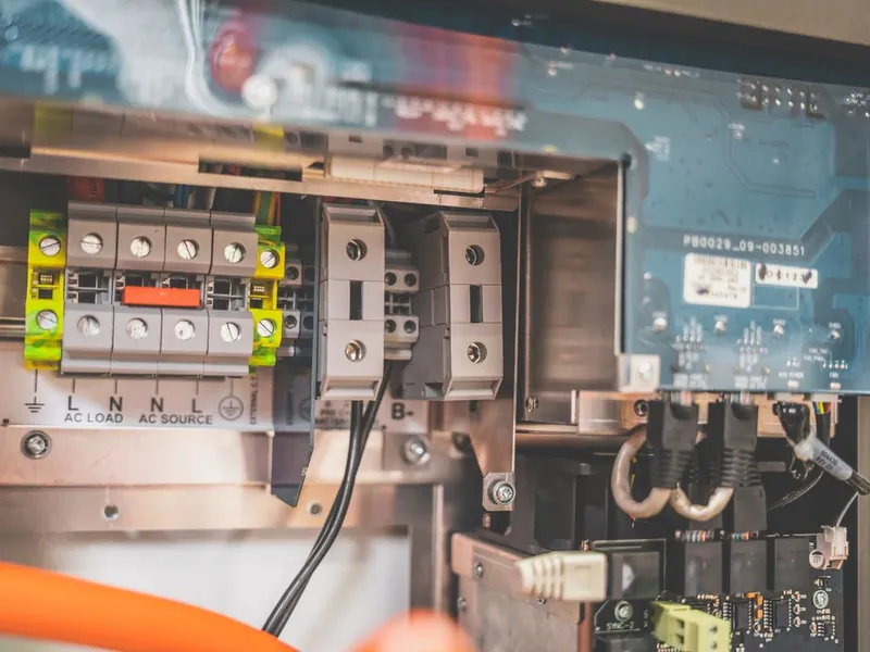 Open solar inverter showing wiring and terminals during inverter diagnostics